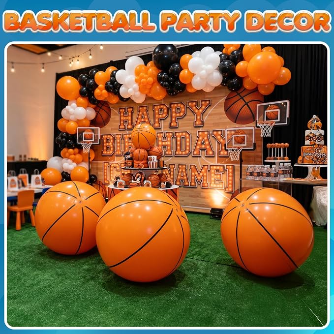 24-Inch Giant Beach Balls - (3-Pack) Inflatable Basketball Beach Balls - Extra Large Blow Up Pool Balls for Kids, Summer Pool Toys, Basketball Party Decorations & Sports Theme Decorations