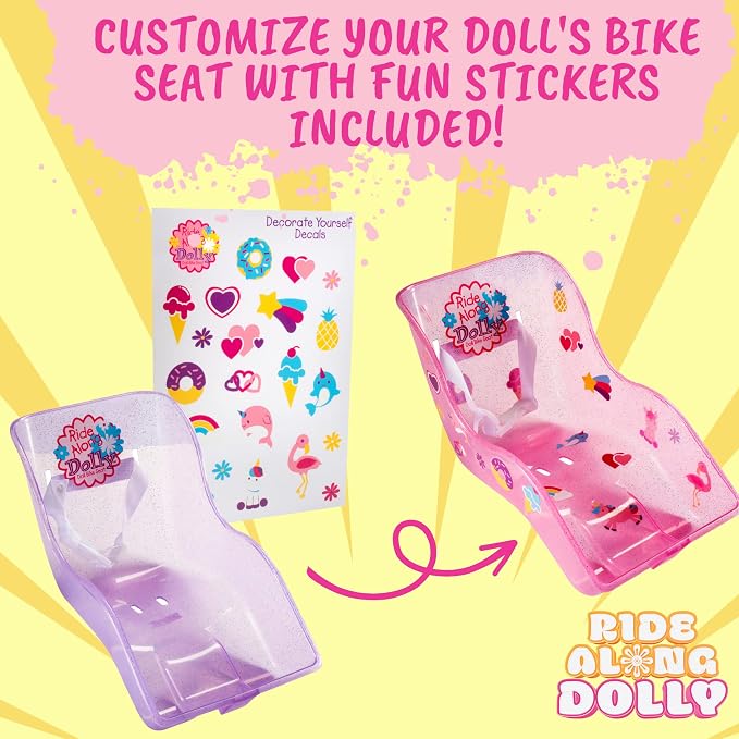 Ride Along Dolly Doll Bicycle Seat - Fits 18-22 inch Dolls & Stuffed Animals - Pink Bike Seat Attachment for Kids' Bicycles with DIY Decorate Yourself Decals - Universal Fit Girls Bike Accessory