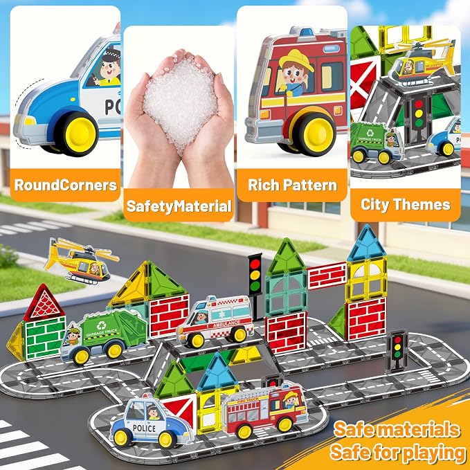 Toys City Cars Road Set for Magnetic Tiles, 5pcs Urban Traffic Preschool Educational Learning Toys for Kids Age 3-7, 3D Rescue Car Compatible with Magnet Tiles & Blocks