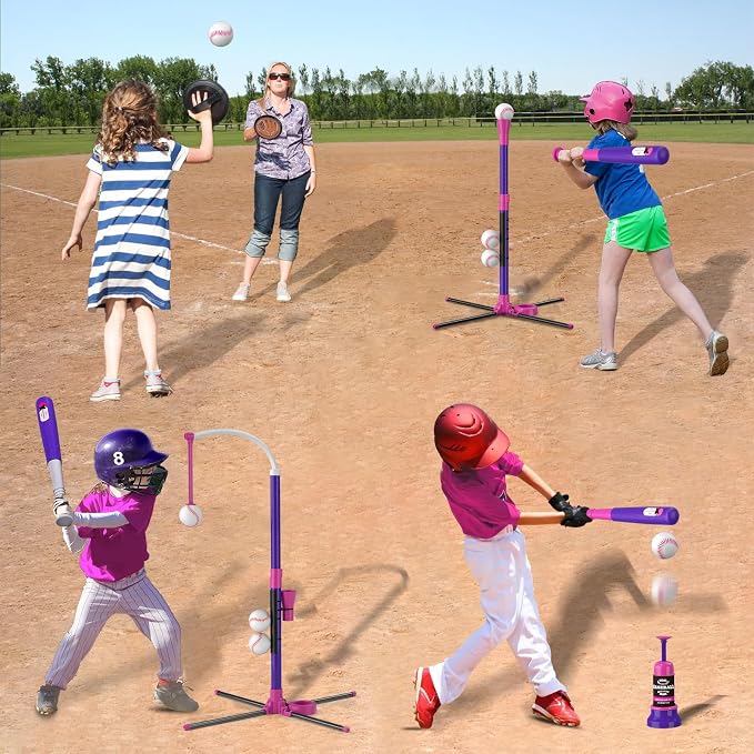 HYES 4 in 1 T Ball Sets for Kids 3-5 with Toss and Catch Ball Set, Hanging Tee Stand with Auto Pitching Machine/ 2 Bats, Indoor Outdoor Toys Baseball Gifts for Toddler Boys Girls, Purple