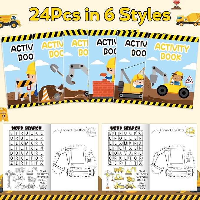 Dvbonike 24Pcs Construction Activity Books - Construction Vehicles Mini Fun Games Coloring Book Bulk with Excavator Forklift Truck Party Favors Goodie Bag Stuffers Classroom Rewards Supplies