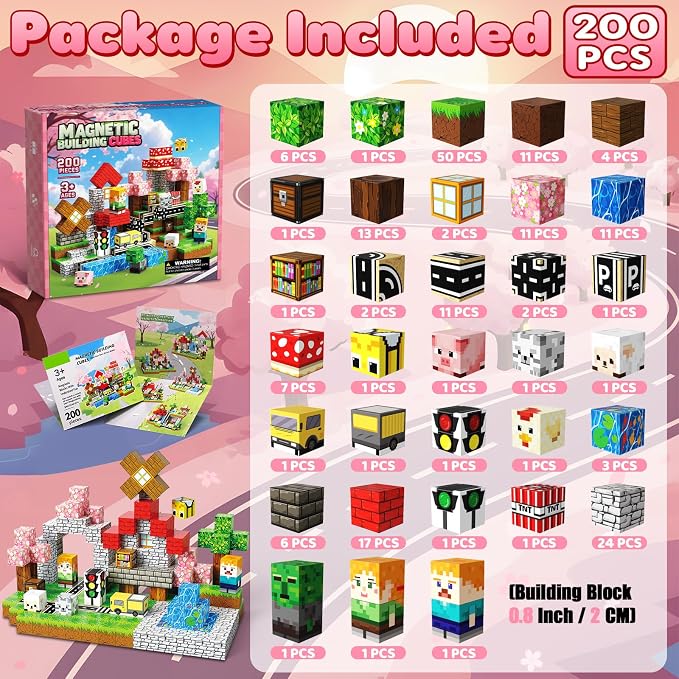200PCS Magnetic Blocks, 0.8inch Magnetic Building Blocks, Magnetic Cubes, Sensory Stacking Toys for STEM Constructions Magnet Blocks for Kids Age 4 5 6 7 8-12, Boys Girls Birthday Gifts