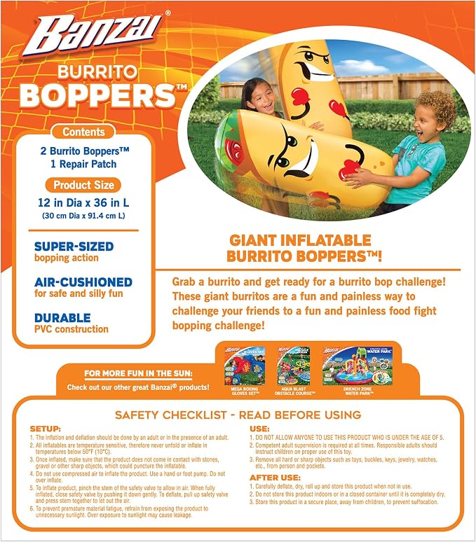 Banzai: Burrito Boppers - 2 Inflatable 36" Bumpers Toys, Giant Food-Themed Battle Play, Air-Cushioned, Swing Whop & Bop, in-Outdoor Game, Kids 5+