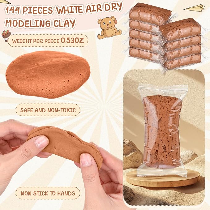 VioraWhite 144 Pcs Air Dry Clay Bulk 76 oz Mardi Gras Soft DIY Modeling Clay Kit Magic Foam Crafts for Sculpting Kids Gifts Party School Supplies for Crafts Artistic Project(Light Brown)