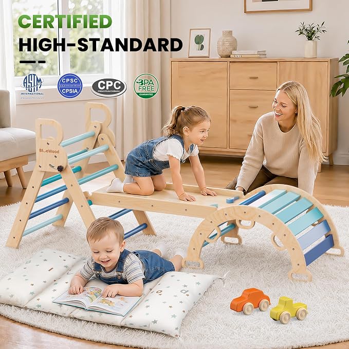 BlueWood Pikler Triangle Set with Cushion - Climbing Toys for Toddlers 9-in-1, Montessori Philosophy Play Jungle Gym with Arch, Ramp, Ladder (Blue)