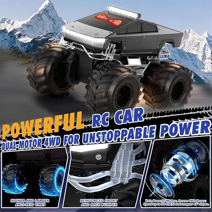 Qrytoi 1:18 Amphibious Remote Control Car with LED Light Eyes, 2.4GHz 360° Rotatable Remote Control Car, Waterproof Monster Truck Toys, Kids Toy Gift for Boys Girls Age 6 7 8 9 10 11 12+