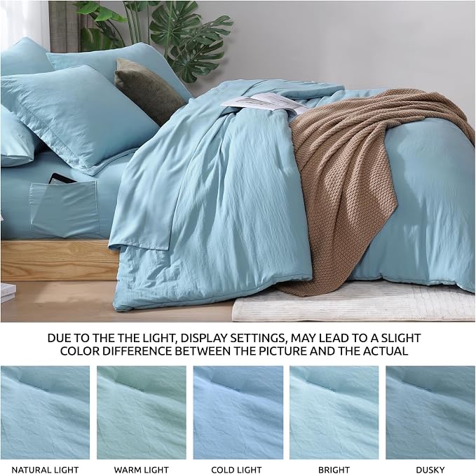 WRENSONG Full Size Comforter Sets- 7 Pieces Soft Blue Bed in a Bag with Fitted Sheet, Flat Sheet, 2 Pillow Shams, 2 Pillowcases, Warm Bedding Sets for All Season