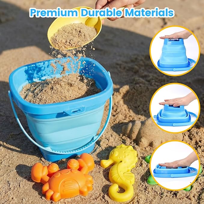 LovesTown Collapsible Beach Toys for Kids, Collapsible Sand Bucket and Shovels Set with Mesh Bag & Sand Molds, Beach Vacation Essentials, 19PCS