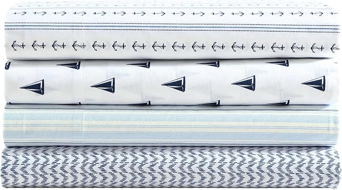 Nautica - Twin XL Size Sheet Set, Crisp & Tailored Cooling Sheets with a Smooth Cotton Percale Lightweight Feel - Bed Sheets with Matching Pillowcase & Fitted Sheet (Ikat Wave Blue)