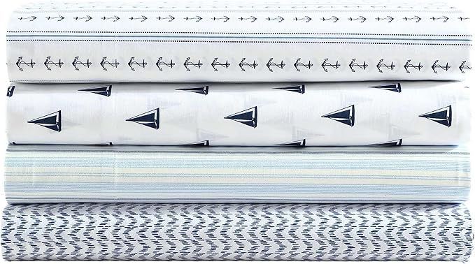 Nautica - Twin Size Sheet Set, Crisp & Tailored Cooling Sheets with a Smooth Cotton Percale Lightweight Feel - Bed Sheets with Matching Pillowcase & Fitted Sheet (Camp Stripe Blue)