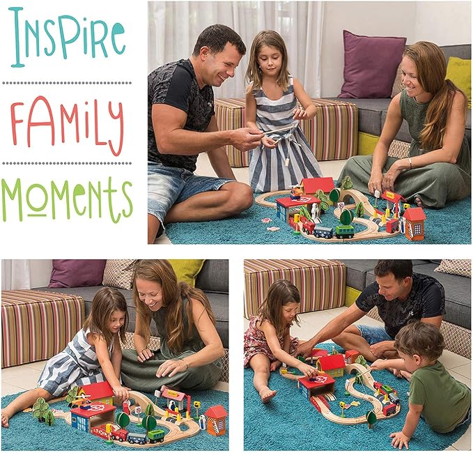 KipiPol Wooden Train Set - 69 Pieces Wooden Train Tracks & Trains for Kids, Toddler Boys and Girls 3,4,5 Years Old and Up– Premium Wood Construction Toys -Fits Thomas, Brio, IKEA, Melissa and Doug