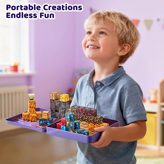 49PCS Magnetic Blocks with Iron Storage Box, Magnetic Cubes Tiles, STEM Educational Stacking Magnets Travel Toys for Kid Ages 3 4 5 6 7 8 9 10 11 Birthday Party Supplies Gifts for Boys Girls