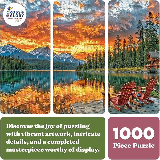 Cross & Glory - Dockside Reflections - 1000 Piece Jigsaw Puzzle for Adults | Tranquil Sunset Lake Scene | Challenging Puzzle for Adults | Eco-Friendly Materials for Nature Lovers