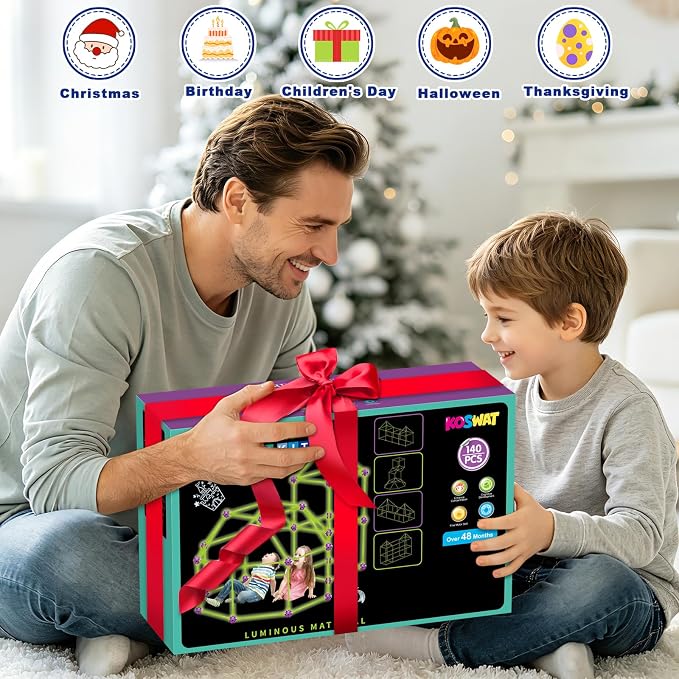 Glow in The Dark Fort Building Kit for Kids, 140 Pcs STEM Construction Toys for DIY Castles Tunnels Play Tent, Ultimate Creative Set, Christmas Birthday Gifts for 4-12 Years Old Boys and Girls