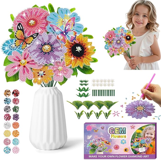 Crafts for Girls 8-12 - Make Your Own GEM Art Flower Bouquet - Arts and Crafts for Kids Ages 8-12 - Diamond Art Kits for Kids - 5D Dimond Art Paintings - DIY Art & Craft Gifts for 4 5 6 7 10 Year Old