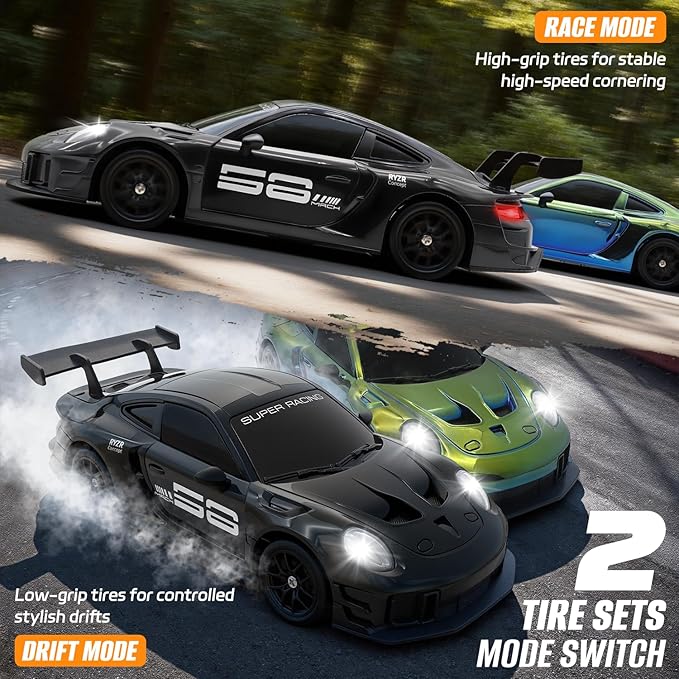 RC Drift Car, 1:24 4WD Remote Control Cars Vehicle with LED Light,2.4GHz 20KM/H High Speed RC Cars with Two Batteries & Drifting Tires Racing Sport Toy for Adults Boys Girls Kids Black