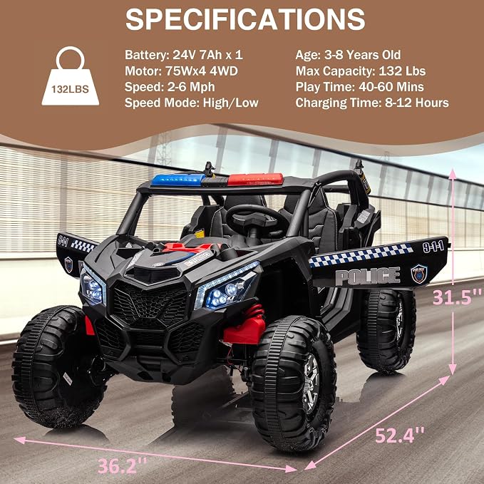 24V 2-Seater UTV Ride on Toy with Remote Control – Powerful 4WD Electric Vehicle Features 4 Shock Absorbers, Leather Seats, Music, and Lights. Designed As a 24V Ride-on Toy for Big Kids