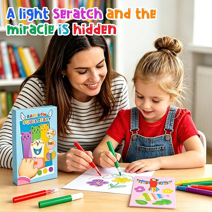 Rainbow Squeeze Art Kit, DIY Creative Scratch Art Kit for Kids, Magic Artistic ＆ Creative Squeegee Painting Set, for Drawing ＆Postcards, Favors Novelty Gifts for Boys ＆ Girls (Pink)