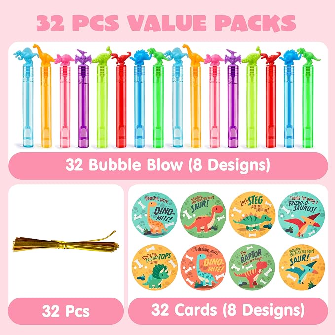 JOYIN 32 Packs Valentine's Day Gift Cards with Mini Bubble Wands for Kids, Valentine's Party Favor, Classroom Exchange Gift for Kids, Holiday Reward Prizes