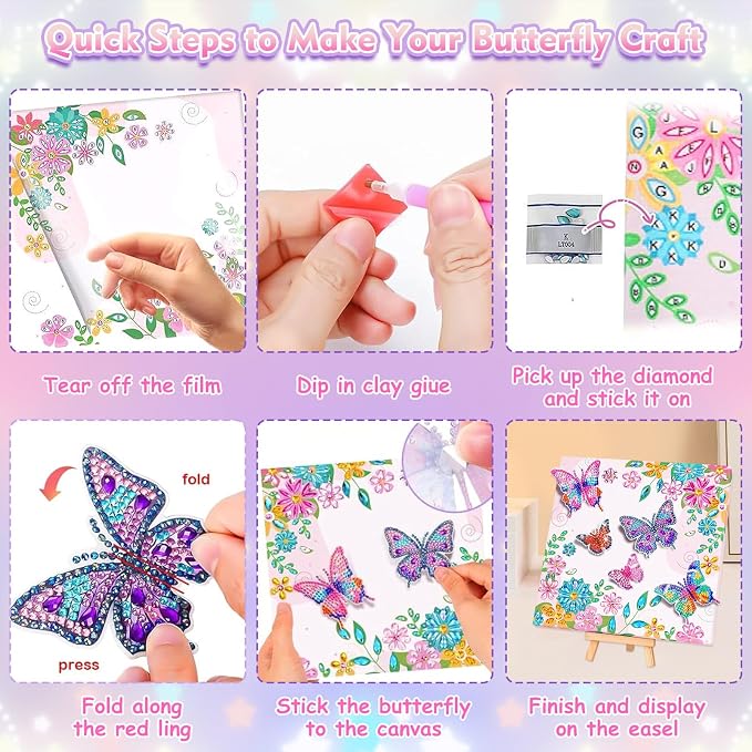 LCOZX 3D Fluttering Butterfly Diamond Art Kit for Kids Ages 8-12–Sparkling Gem Painting with Wooden Stand, Easy Arts & Crafts for Girls & Boys, Unique Birthday Gift & Bedroom Decor