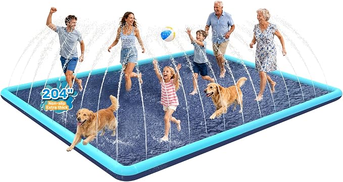 204" Gaint Splash Pad for Dogs, Non-Slip, Rantangle Splash Pad for Kids Ages 4-8,Giant Splash Pads for Toddlers 1-3, Dog Sprinkler Shallow Pool, Outdoor Water Toys for Backyard, Teal