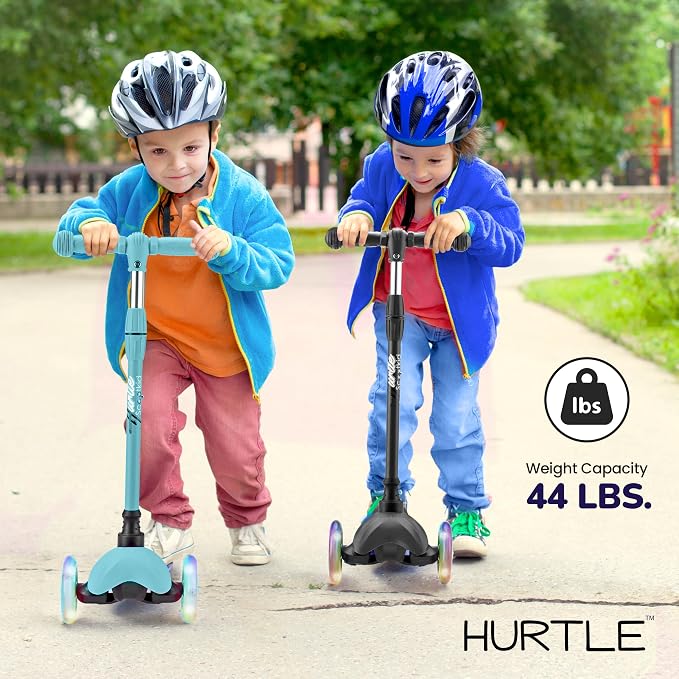 Hurtle Mini Kickboard 3 Wheel Scooter for Kids Ages 2-5 - Lean-to-Steer Toddler Scooter with Light-up LED Wheels, Adjustable Height & Rear Foot Brake for Boys. & Girls, Anti-Slip, Indoor/Outdoor