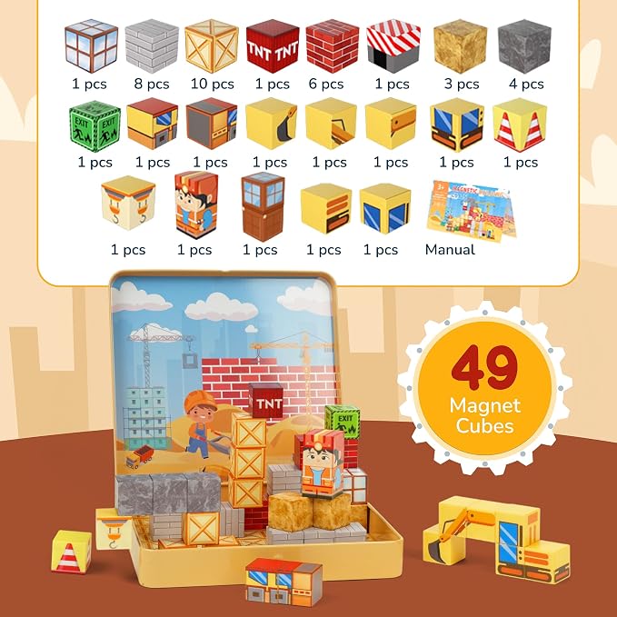 49PCS Mini Magnetic Blocks Construction Theme Travel Set for Kids Ages 3-8, STEM Magnetic Building Cubes Toy with Iron Storage Box, Portable Educational Sensory Toy for Boys Girls