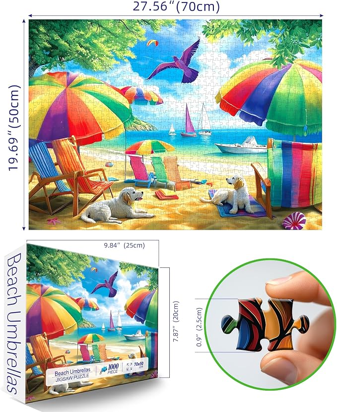1000 Piece Puzzle for Adults - Beachside Umbrellas Puzzle with Letters on Back 27.5"x19.7", Nature Lovers Challenging Adult Puzzle, Hard Puzzle for Adults Relax, Art Gift, Family Game Night