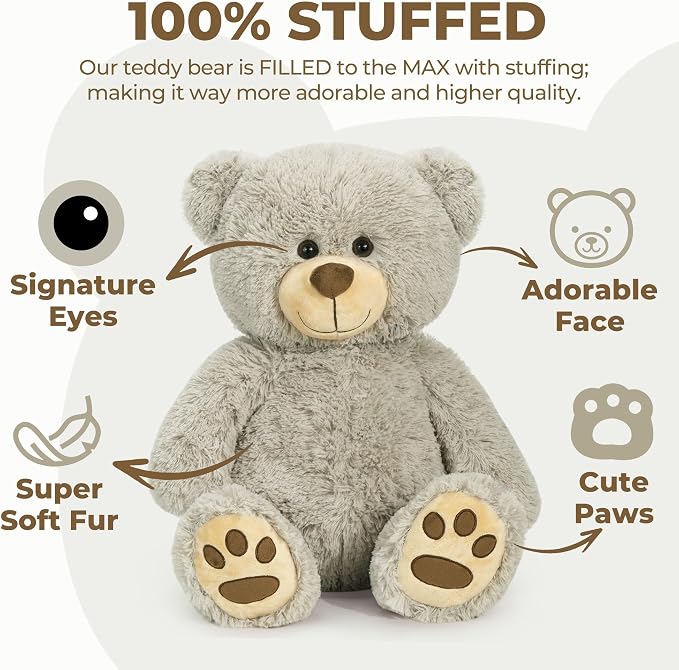 LotFancy Teddy Bear Stuffed Animals, 20 inch Soft Cuddly Cute Plushies, Plush Toys with Footprint Design, Stuffed Animals for Girls Kids Baby Toddlers, Baby Shower Easter Birthday Gift Decor, Grey