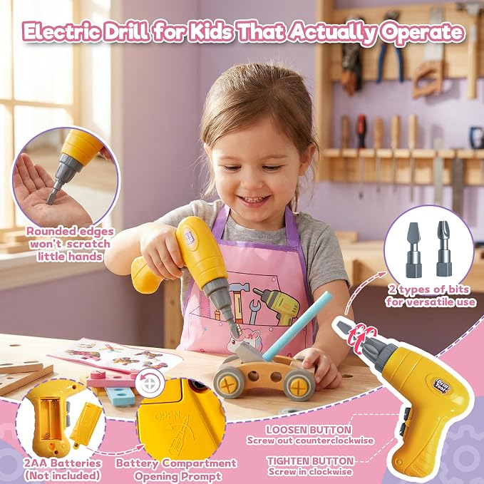 TONZE Wooden Kids Tool Set with Drill 44Pcs Montessori Toys for 3 Year Old Girl, Educational STEM Toys Toddler Tool Set with Apron & Box Birthday Gifts for 3 4 5 6 Year Old Girls (Pink)