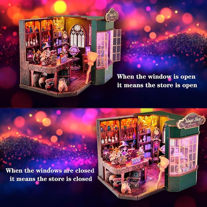 Magic Shop Book Nook Kit - DIY Miniature House Dollhouse Kit for Adult and Teens, Tiny House Bookshelf Decor 3D Wooden Puzzle with LED Lighting, Gifts for Family, Friends (Magic Shop)