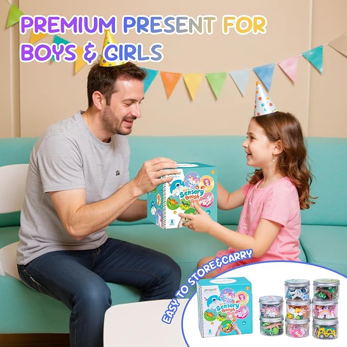 JOY SPOT! 8-Pack Play Dough Jars, Reusable Sensory Play Kit for Kids, Non-Toxic, Educational Creative Playdough,Birthday Valentines Gift,Party Favors, Goodie Bags, Boys Girls Home Preschool Classroom