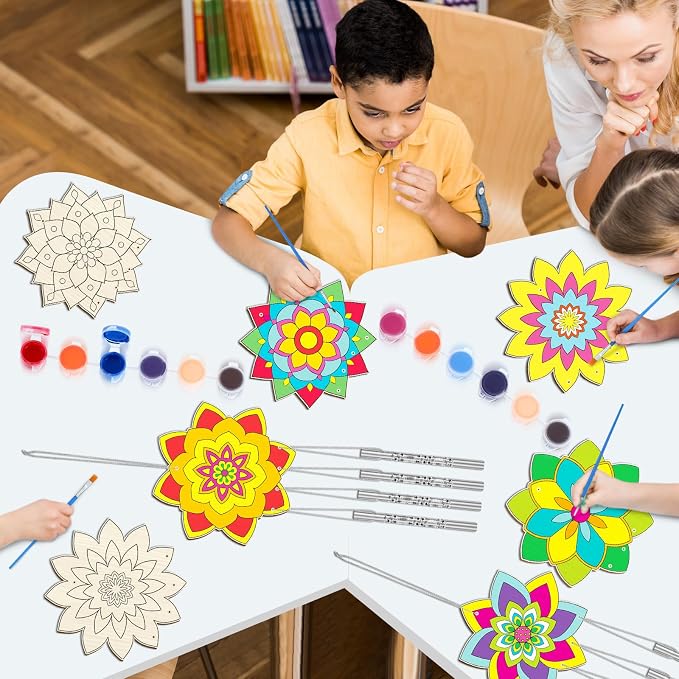 Silipull 24 Sets Lotus Flower Wind Chimes Craft for Kids Color Your Own Mandala Windchime DIY Unfinished Wood Hanging Ornaments Coloring Wind Chime for Spring Summer Kids Gifts School Party Supplies