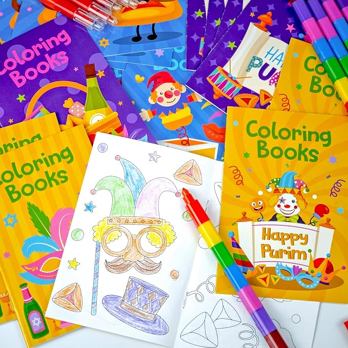Cinrobiye 24 Set Purim Coloring Books DIY Happy Purim Mini Coloring Booklet Set with Stacking Crayons, Jewish Holiday Party Supplies, Goodie Fillers, Classroom Reward Favors