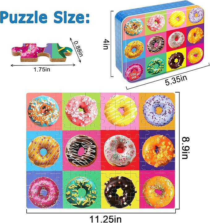 LELEMON Puzzles for Kids Ages 4-6,Donut 100 Piece Puzzles for Kids in a Metal Box, Educational Jigsaw Puzzles 100 Piece Puzzle Games Puzzle Toys for Girls and Boys