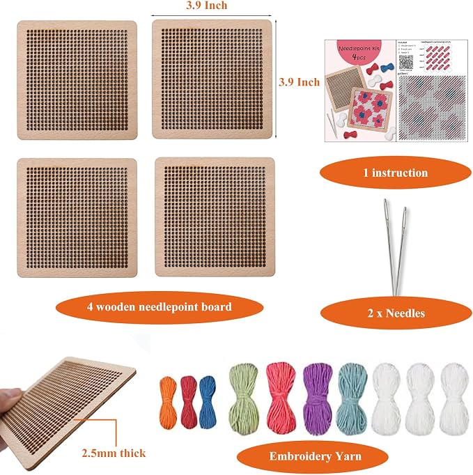 Yushen 4Pcs Flower Coaster Needlepoint Kit for Adult Cross Stitch Kits DIY Adults Needlepoint Embroidery Starter Set with Patterns Embroidery Needles Threads Crafts (Flower)
