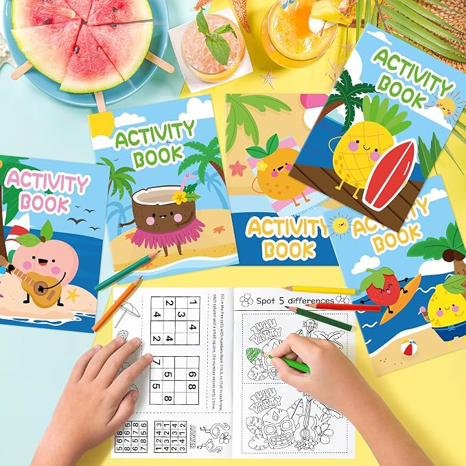 Summer Activity Books for Kids - 48Pcs Coloring Fruits Books Set Bulk Summer Tropical Search Mazes Word Scramble Games Mini Books for Party Goodie Bags Stuffers School Classroom Favors