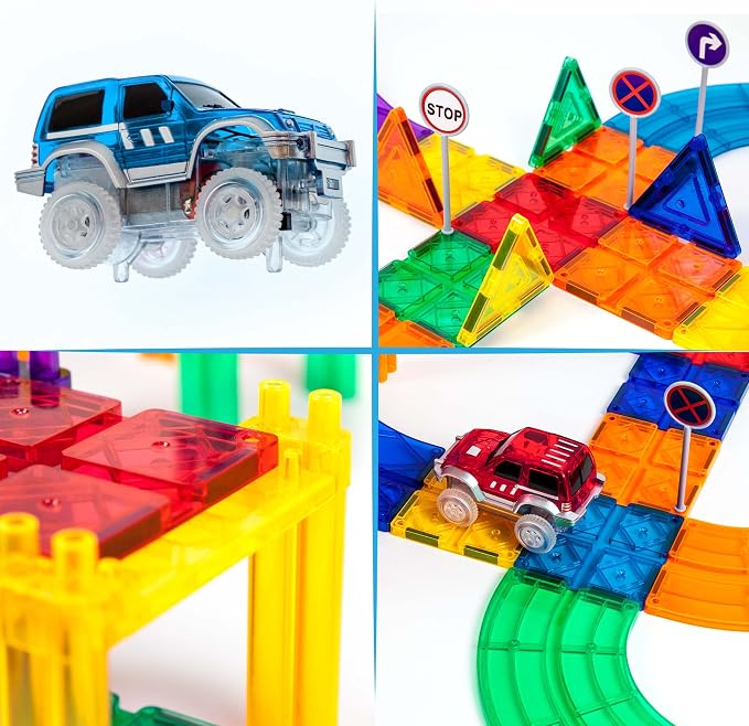 PicassoTiles 50pc Racecar Track Magnetic Tiles Educational Kids Toy with 2 Light Up Trucks STEM Preschool Learning Magnet Tile Toddler Toys Boys Girls Ages 3+ Blocks Game Puzzles Build Playset PTR50