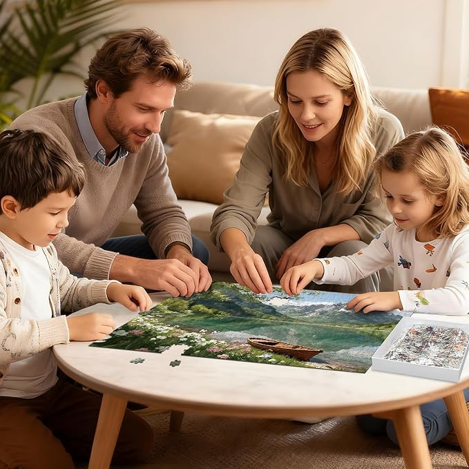 Puzzles for Adults 1000 Pieces, Serene Spring Mountain Lake | Wooden Boat Landscape Jigsaw Puzzle, Summer Beautiful Nature Scenery Wall Decor & Gift for Friends, 27.56x19.7 Inch