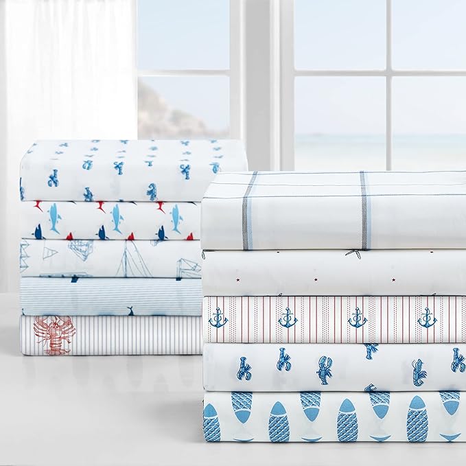 Nautica – Full Size Sheet Set, Crisp Cotton Percale Bedding with Matching Pillowcases, Lightweight & Breathable Bed Sheets, Deep Pocket, College Dorm Room Essentials (Skippers Island Blue)
