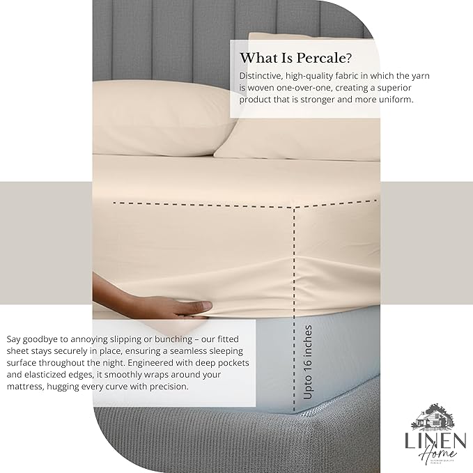 Linen Home 6 Piece Queen Size Cotton Sheet Set, 100% Cotton Percale, 4 Pillowcases, Deep Pocket with All Around Elastic Sheet, Crisp Breathable Bedding, Hotel Luxury, Long-Staple Combed Cotton, Ivory