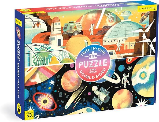 Mudpuppy Space Mission 100 Piece Double-Sided Puzzle – Two Fun Puzzles in One!, Colorful Illustrations of Your Favorite Cosmic Scenes, 22" x 16.5", Ages 6+
