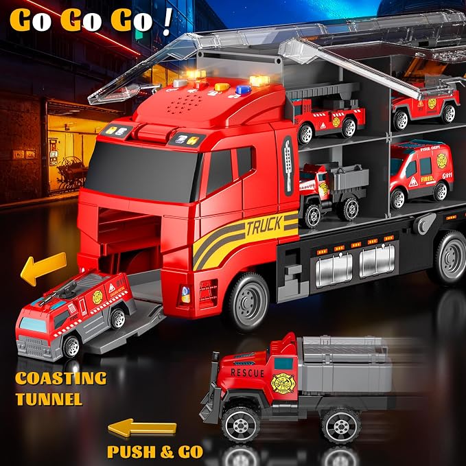 Toddler Boys Fire Truck Set: Fire Car Toy for Boy 3 4 5 6 Years Old | with Play Mat and Die-Cast Toy Car | Birthday Gifts Toys for 3-8 Year Old Boys | Girl Toys Cars with Light and Sound
