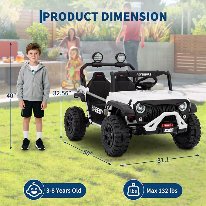 Powerful 24V Ride on Car for Kids, Ride on Truck with Remote Control - 4WD Electric Car, 2 Seater UTV, Spring Suspension, Front & Behind LED Lights, Dual Storage, 3 Speeds, Music,