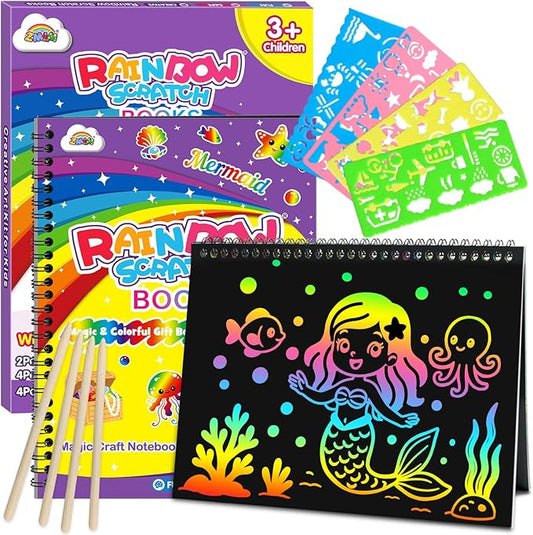 ZMLM Scratch Paper Art-Crafts Gift: 2 Pack Rainbow Notebooks Supplies Toys for 3 4 5 6 7 8 9 10 Years Old Girls and Boys Kids Easter Gifts Christmas Birthday Party Games Mermaid
