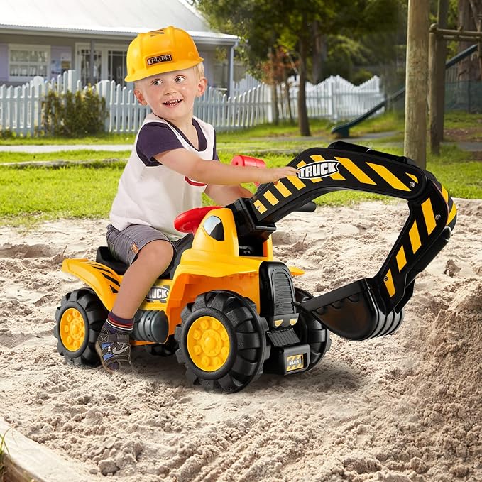Costzon Ride on Excavator, Kids Excavator Digger Bulldozer W/Safety Helmet, 3 Rocks, Horn, Under-seat Storage, Construction Vehicles for Kids, Ride on Toys for Boys Girls Toddlers
