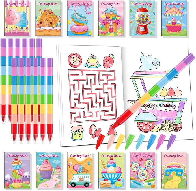 BenLouis 24 Sweet Mini Coloring Books Kids with 24 Stacking Crayons Candyland Donut Party Favors Activity Books Bulk for Kids Ice Cream Birthday Goodie Bag Gift Stuffer Classroom Reward