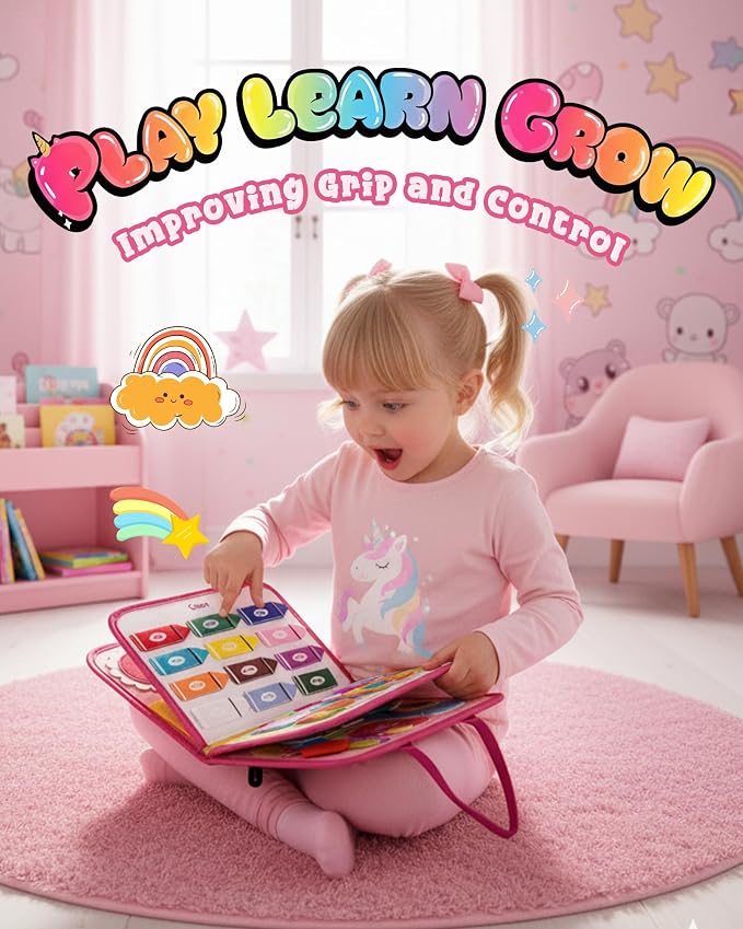 Pink Montessori Busy Board for Toddlers,8-Page Sensory Activity Book for Fine Motor Skills & Basic Dress Learning, Portable Travel Toy for Preschool Kids, Portable Travel Gift for Preschool Girls