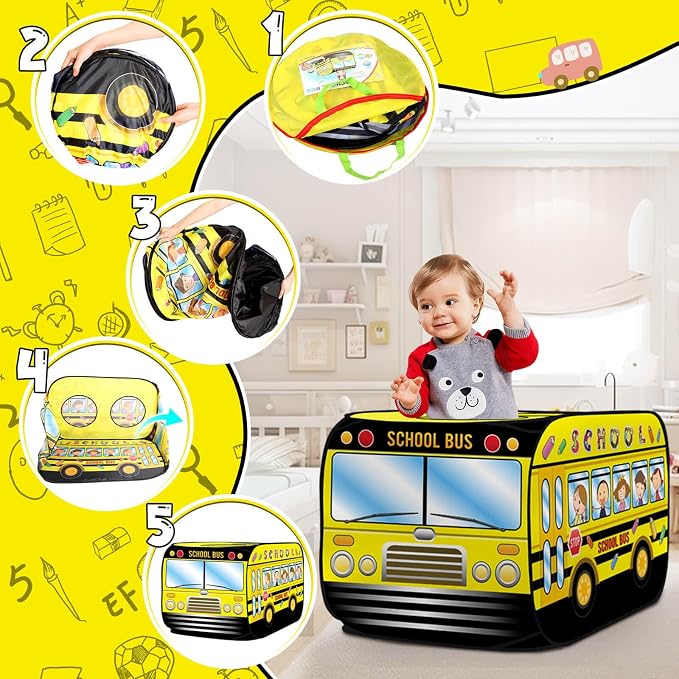 Pop Up Play Tent for Kids Aged 3-5 Years Old Boys and Girls : School Bus Tent Playhouse Toy Play Tents for Toddlers 3-5 Kids Tent Indoor Outdoor Playhouse Toys for 3 + Year Old, School Bus