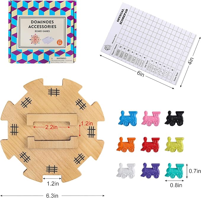 Mexican Train Dominoes Accessories Set with Wooden Hub (Felted Bottom) - Includes 9 Metal Train Markers & 100-Sheet Score Pads - Mexican Train Domino Game Replacement Parts for 2-8 Players Family Game